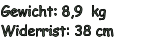 Gewicht: 8,9  kg Widerrist: 38 cm